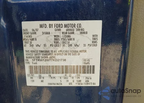 2007 Ford F-150 Xlt from USA, damaged, VIN 1FTRW12W77KD21738